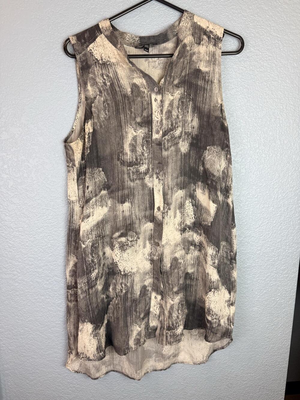 Eileen Fisher Blouse Womens Medium Gray Geometric Silk Sleeveless Tunic Top